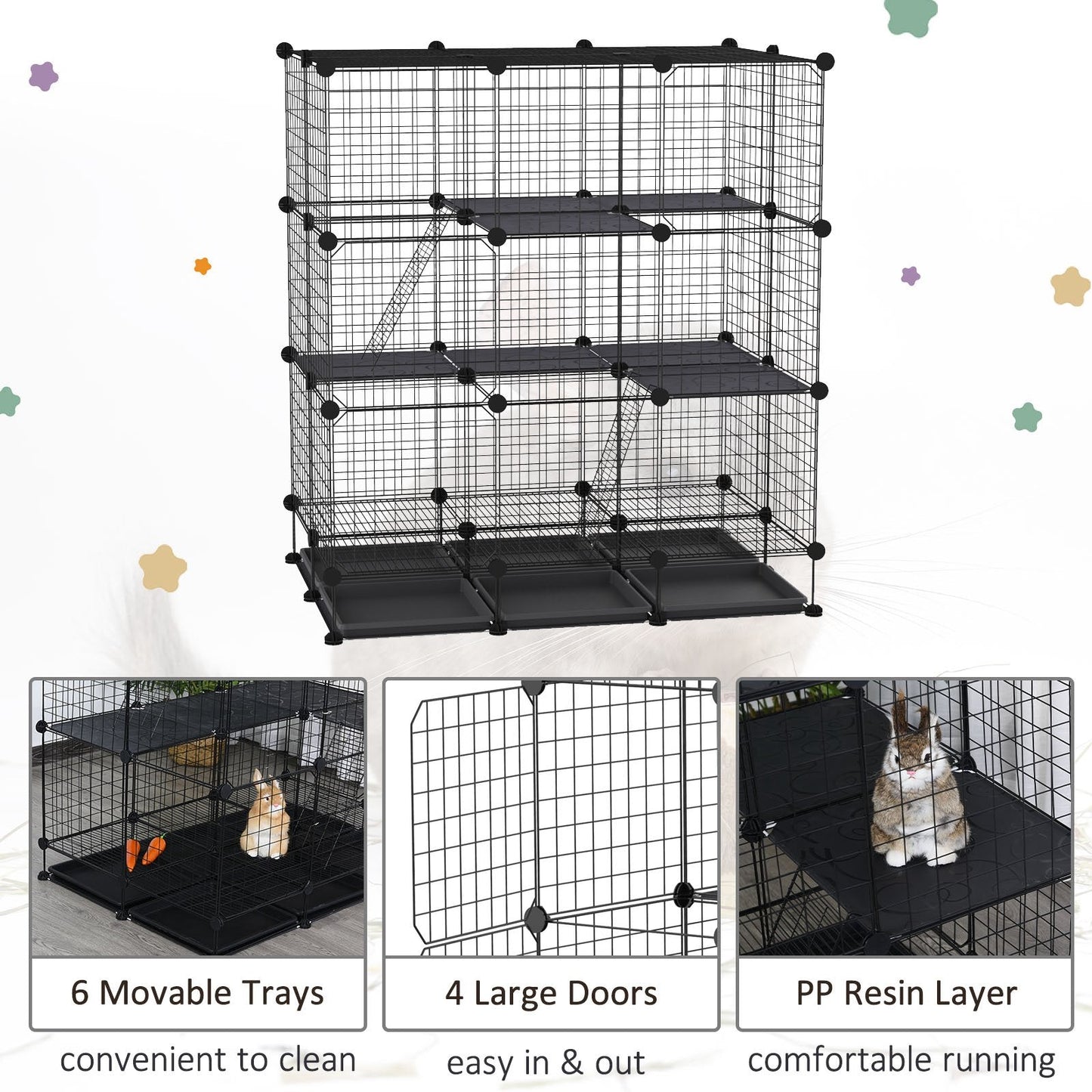 PawHut Steel 3-Tier Small Animal Playpen Cage Black