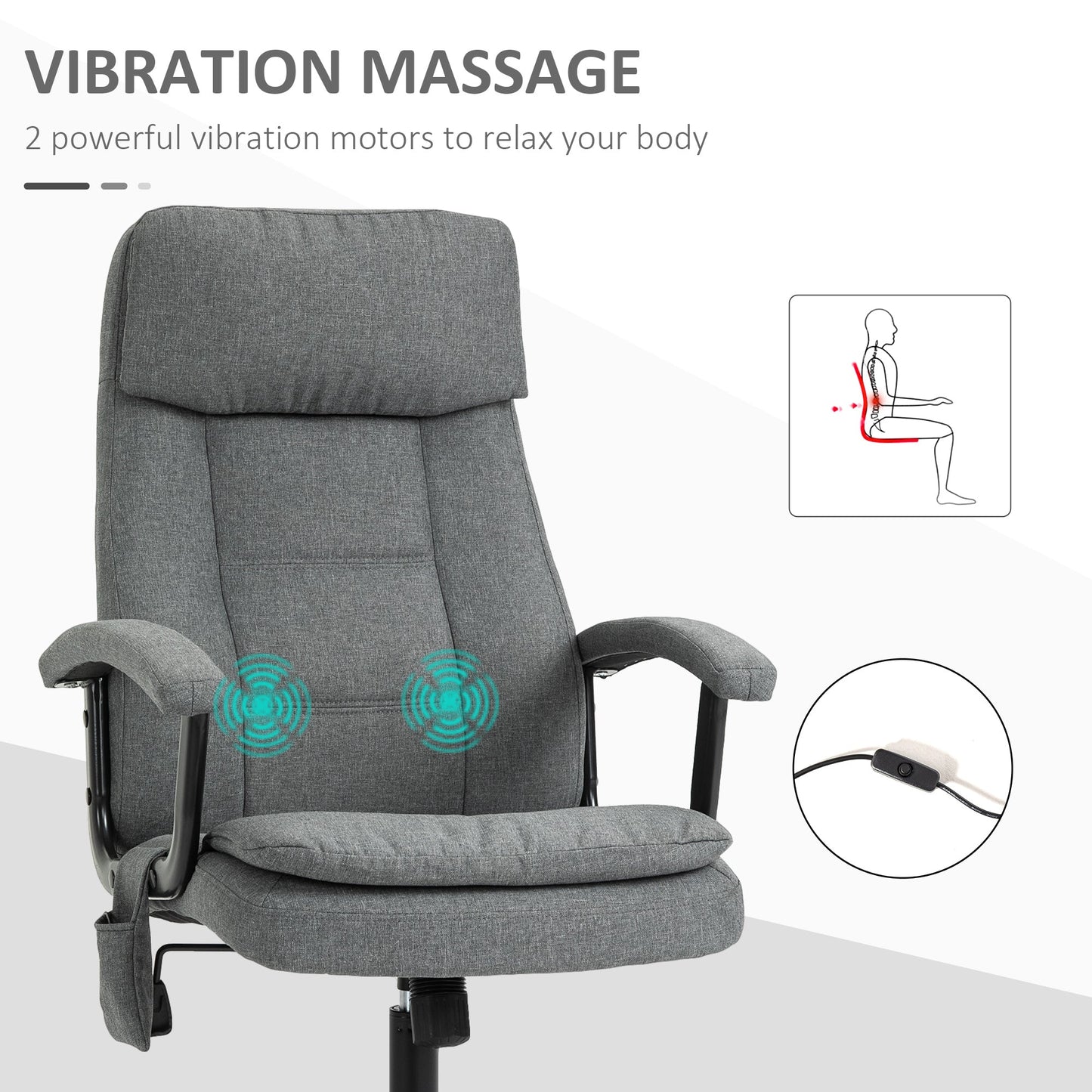 Vinsetto 2-Point Massage Office Chair Linen-Look Ergonomic Adjustable Height w/ 360° Swivel 5 Castor Wheels Rocking Comfortable Executive Seat Grey