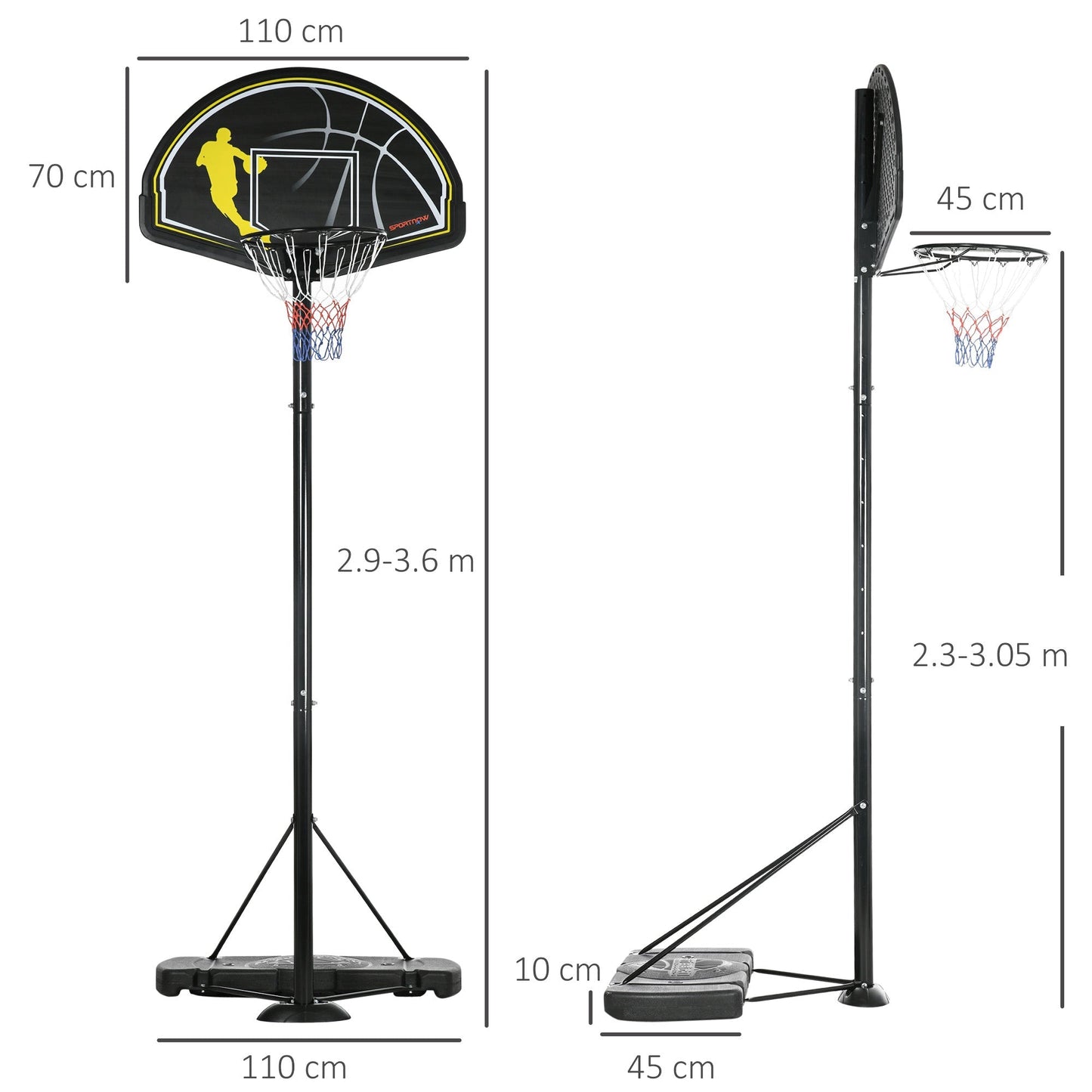 2.1 to 2.6M Adjustable Free Standing Basketball Hoop Weighted Base With Transit Wheels Black & Yellow by Sportnow