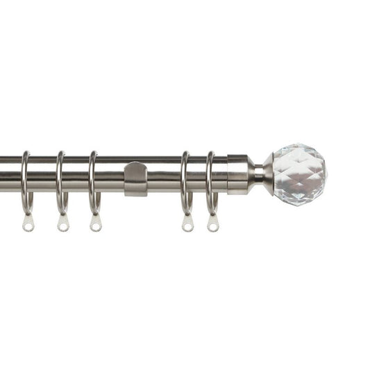 Speedy Pristine 120-210cm Extendable Curtain Pole Set Crystal Finial Satin Silver - 25-28mm