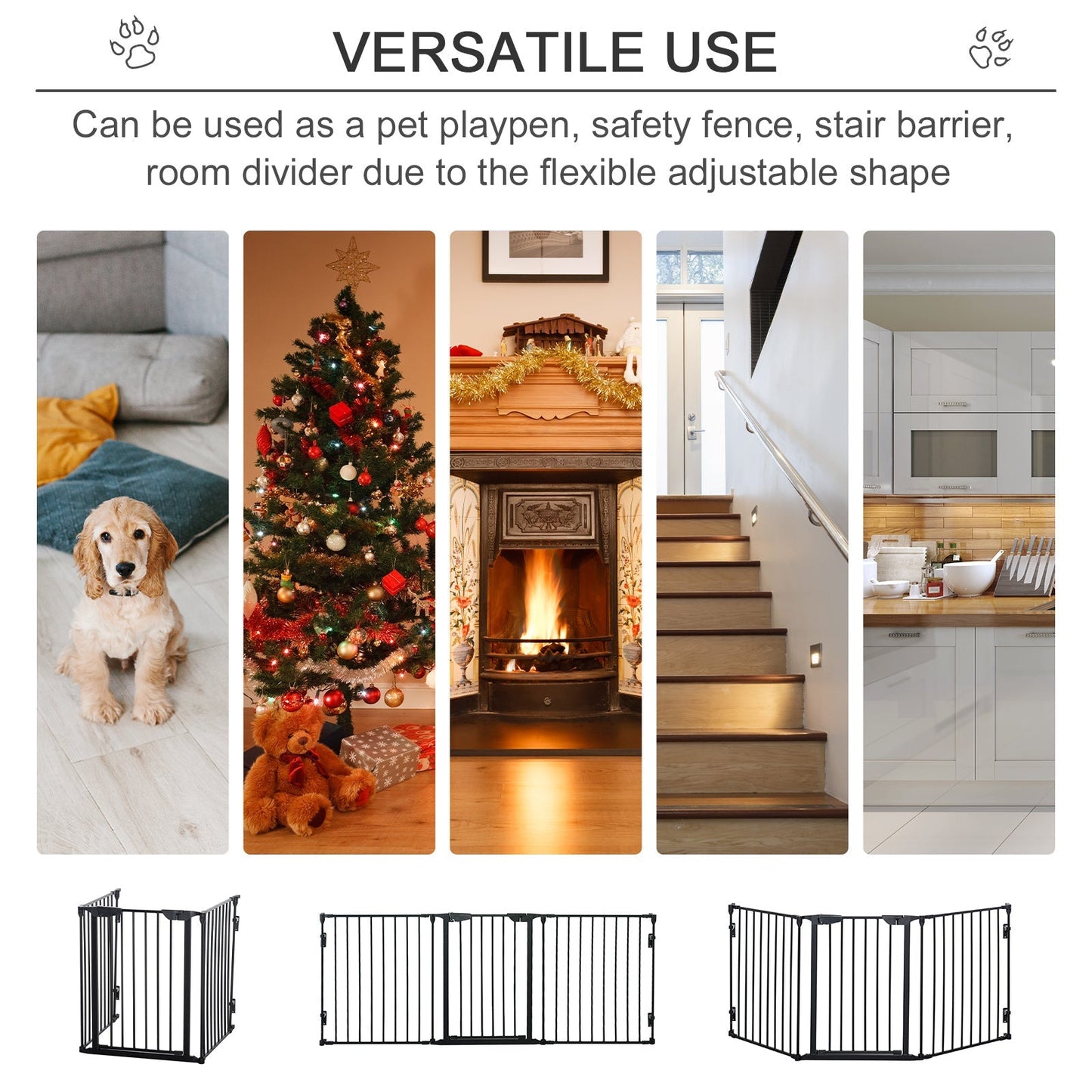 PawHut Pet Safety Gate 3-Panel Playpen Fireplace Christmas Tree Metal Fence Stair Barrier Room Divider with Walk Through Door Automatically Close Lock Black