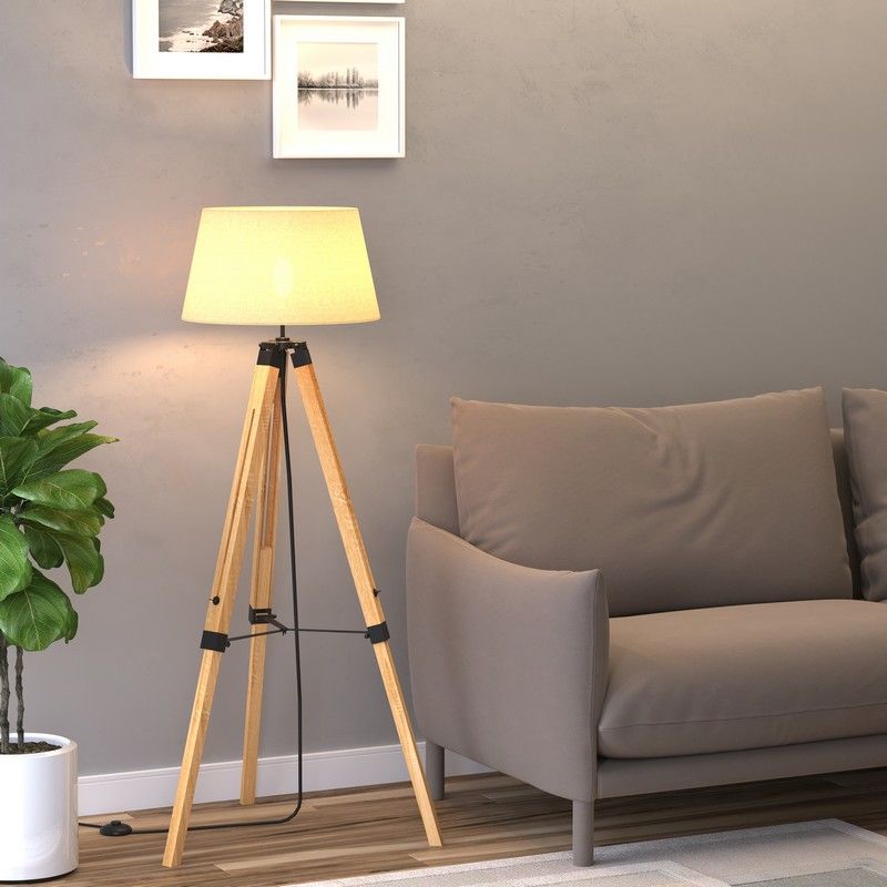 Homcom Tripod Floor Lamp Wooden Adjustable Modern Illumination Design E27 Bulb Compatible (Grey Shade) 99-143H