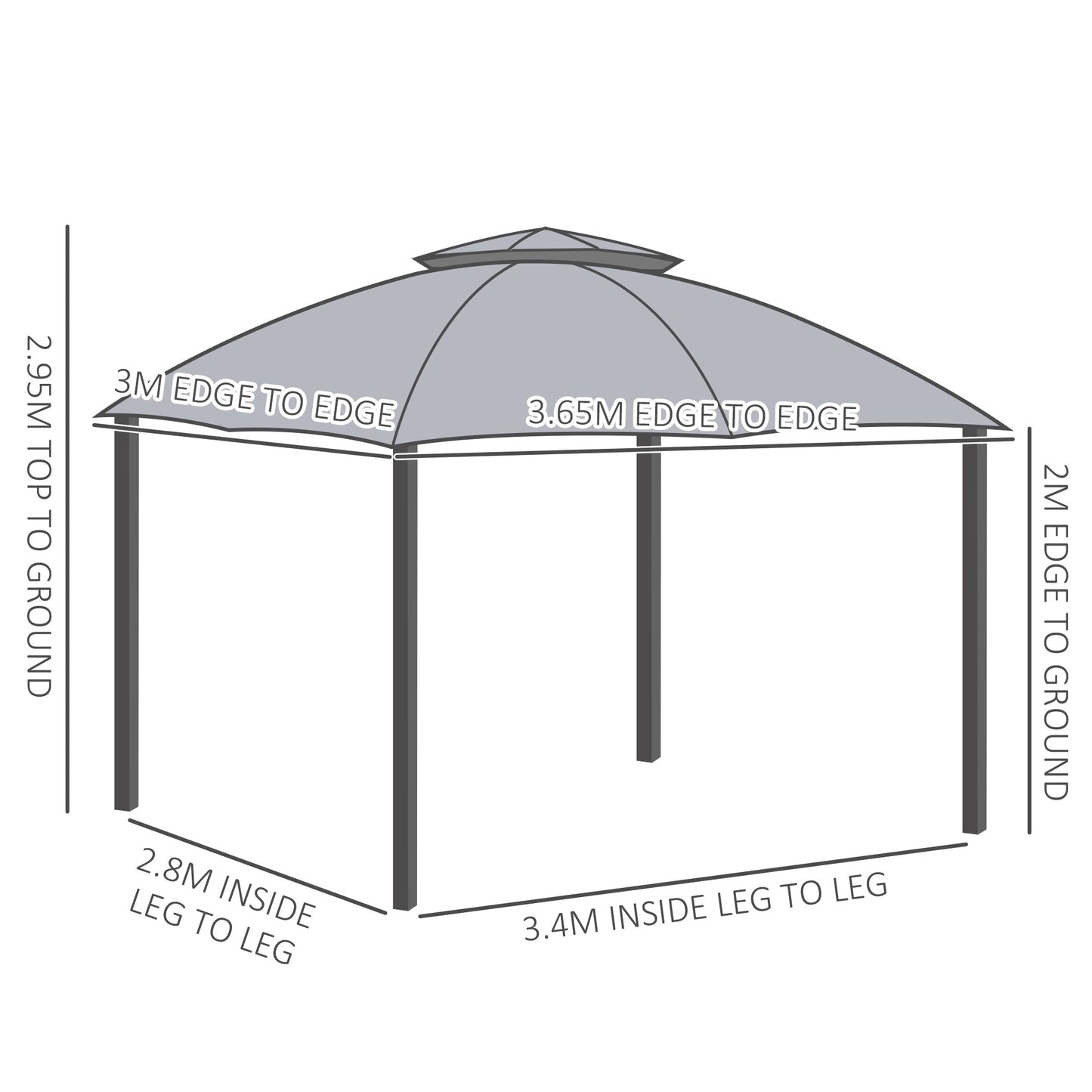 3.7 x 3M Metal Gazebo Canopy Party Tent Garden Patio Shelter with Netting Sidewalls & Double Tiered Roof