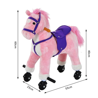 Wooden Action Pony Wheeled Walking Horse Riding Little Baby Plush Toy Wooden Style Ride on Animal Kids Gift w/Sound Pink