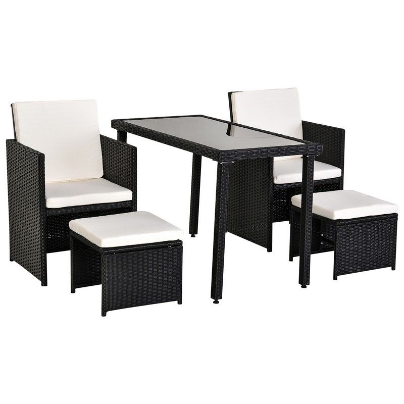 Outsunny Outsunny 5 Pcs Rattan Garden Furniture Space-Saving Wicker Weave Sofa Set Conservatory Dining Table Table Chair Footrest Cushioned Black