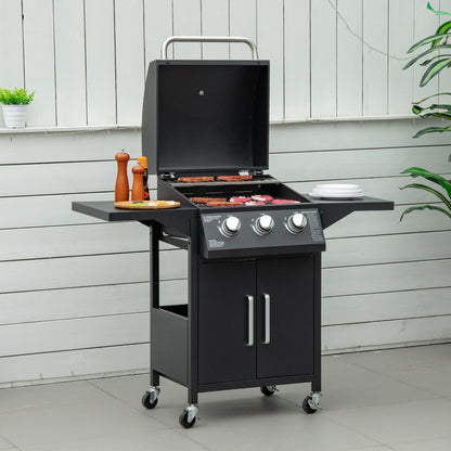 Outsunny 3 Burner Gas Bbq Grill Outdoor Portable Barbecue Trolley W/ Warming Rack