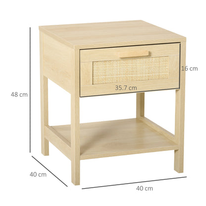 Nightstand with Rattan Drawer and Storage Shelf