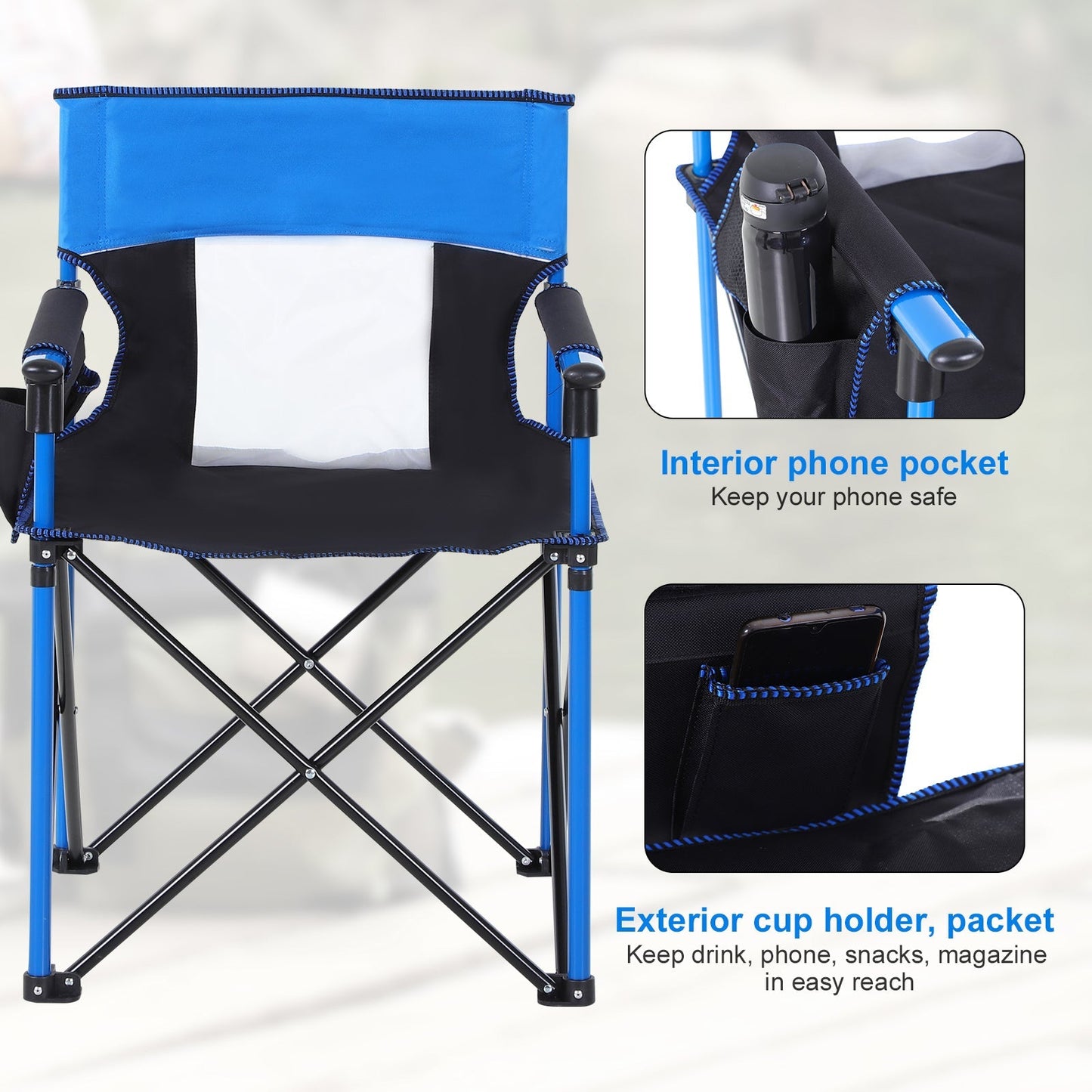 Outsunny Folding Fishing Camping Chair Portable Picnic Armchair Director Seat Oxford Metal Frame With Cup Holder