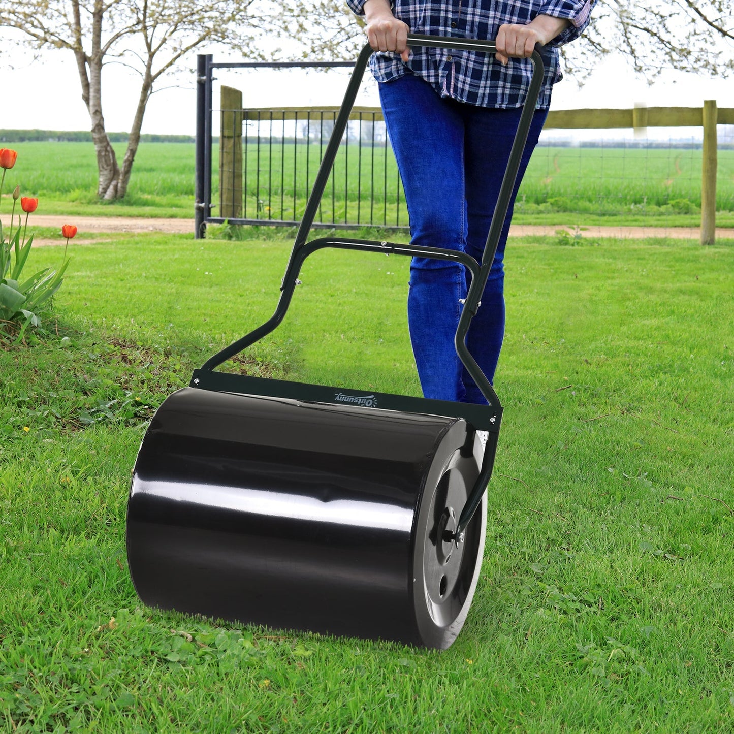 50cm Steel Garden Lawn Roller Push Pull w/ Fillable Cylinder Water Sand Plug Lawn Flatten Seed Sow Rolling Drum w/ Handle