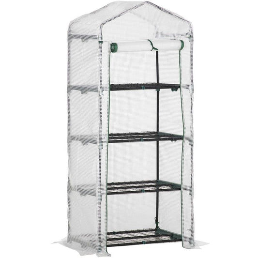 Essentials Outsunny 4 Tier Mini Greenhouse Portable Green House With Steel Frame Pe Cover Roll-Up Door 70 X 50 X 160 cm White