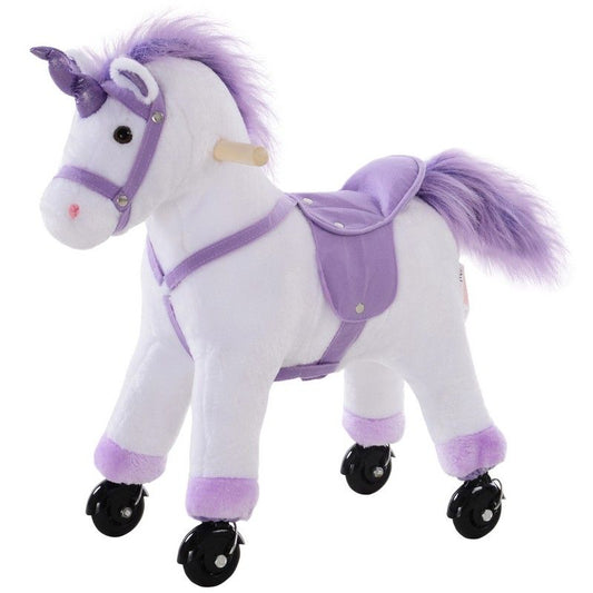 Homcom Homcom Four Wheel Sit-On Unicorn Horse Neigh Button Plush Safe Seat Handlebar Wood Frame