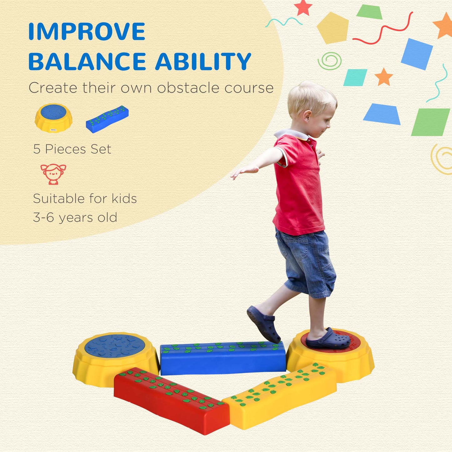 Five-Piece Kids Stepping Stones and Balance Bridge w/ Non-Slip Surface & Bottom. for Toddlers - Multicoloured