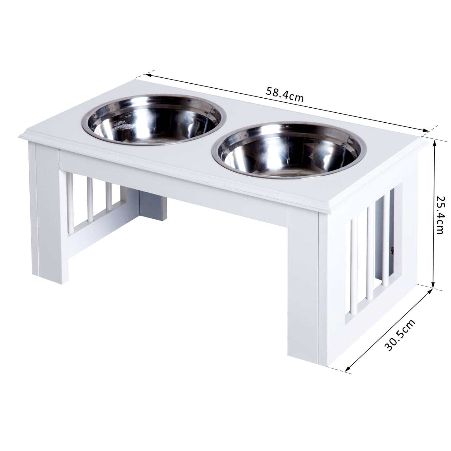 PawHut Stainless Steel Raised Dog Feeding Bowls with Stand for Small Medium Dogs Elevated Twin Pet Bowls Water Food Feeder 58.4L x 30.5W x 25.4H cm - White