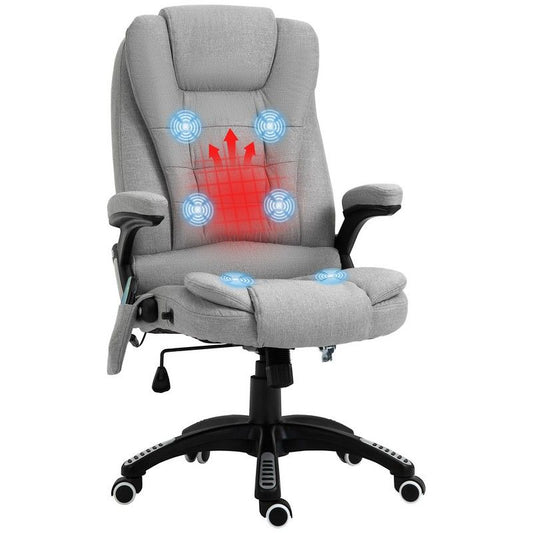 Vinsetto Vinsetto Massage Office Chair Recliner Ergonomic Gaming Heated Home Office Padded Linen-Feel Fabric & Swivel Base Light Grey