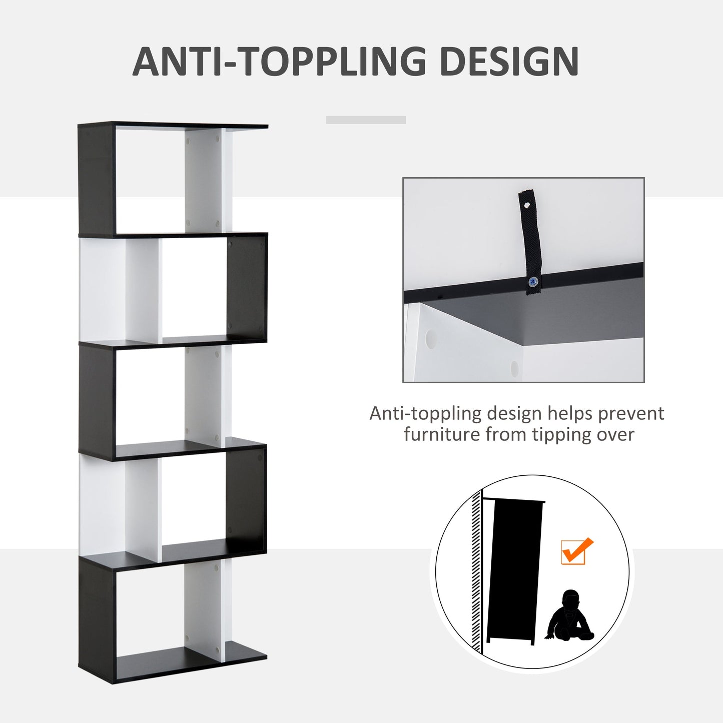 5-tier Bookcase Storage Display Shelving S Shape design Unit Divider Black