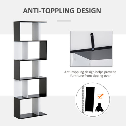 5-tier Bookcase Storage Display Shelving S Shape design Unit Divider Black