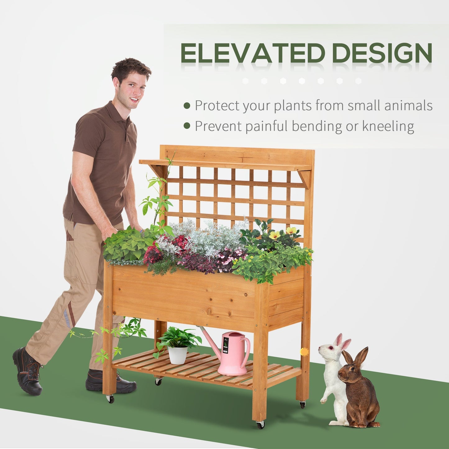 Wooden Planter Raised Elevated Garden Bed with 2 Shelves for Vegetables Flowers