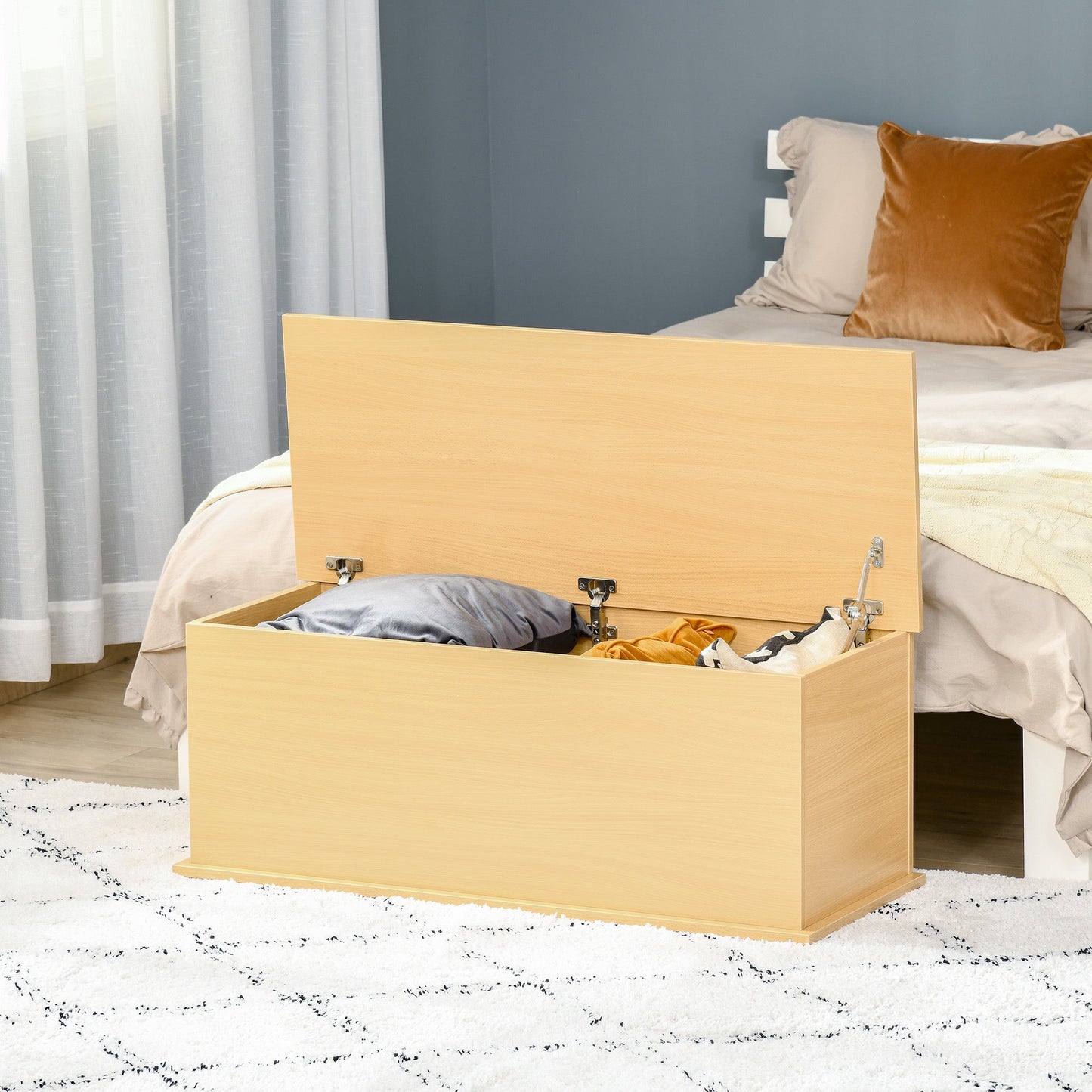 Wooden Storage Box Clothes Toy Chest Bench Seat Ottoman Bedding Blanket Trunk Container with Lid - Burlywood