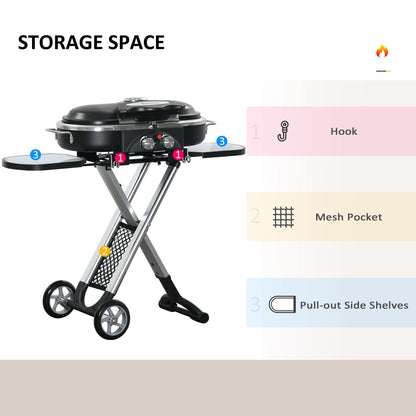 Outsunny Foldable Gas BBQ Grill 2 Burner Garden Barbecue Trolley w/ Lid Side Shelves Storage Pocket Piezo Ignition Thermometer