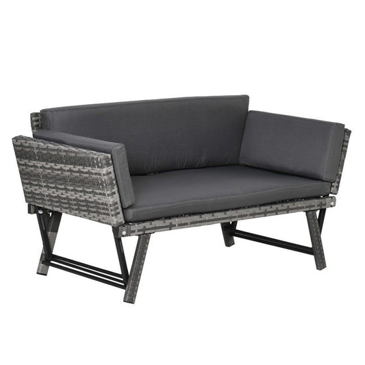 Outsunny Outsunny 2 In 1 Rattan Folding Daybed Sofa Bench Garden Chaise Lounger Loveseat With Cushion Outdoor Patio Mixed Grey