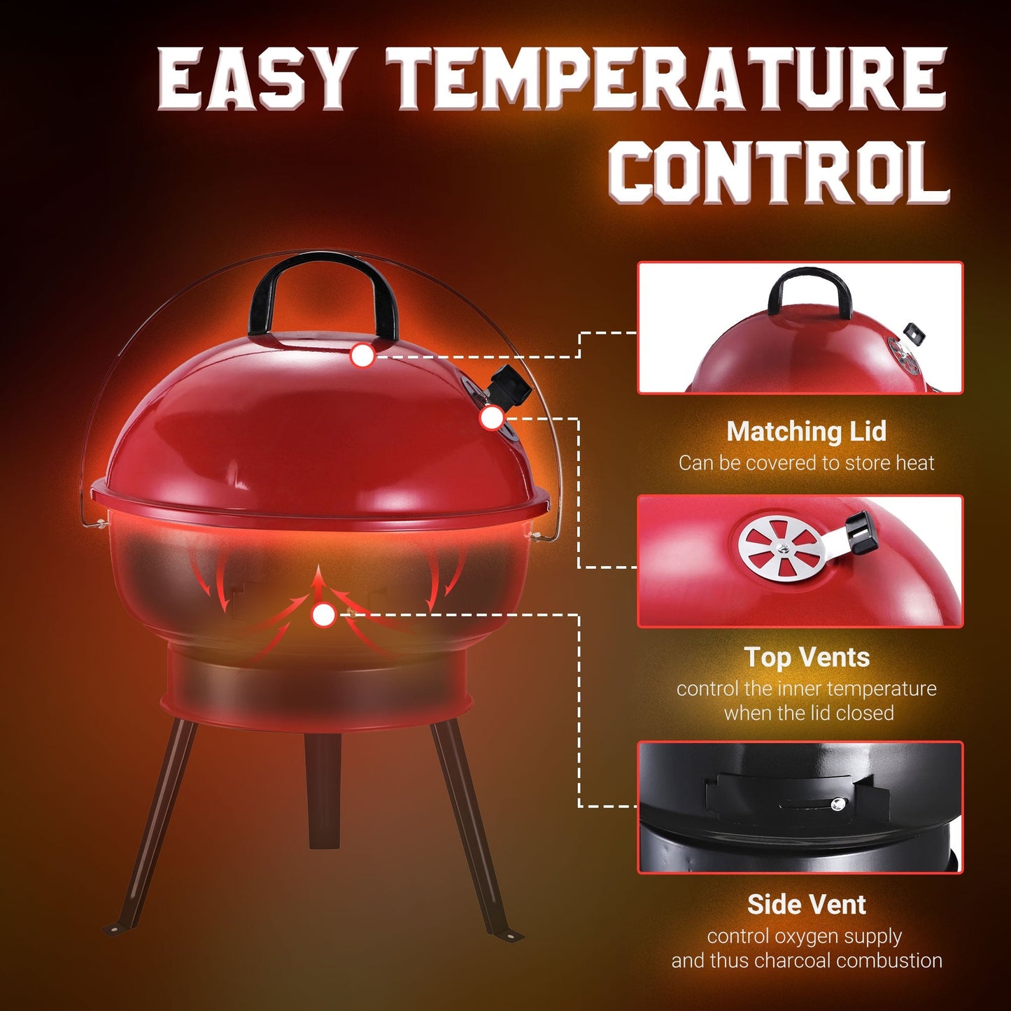 Metal Portable Tripod Charcoal Bbq Grill Black Red