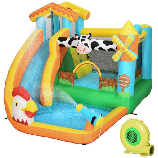 Outsunny Outsunny 5 in 1 Kids Bounce Castle Farm Style Inflatable House with Slide Trampoline Pool Water Cannon Climbing Wall with Inflator Carrybag