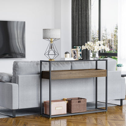 Industrial Style Console Table Sofa Table with Tempered Glass Top and Steel Frame for Living Room Hallway Entrance