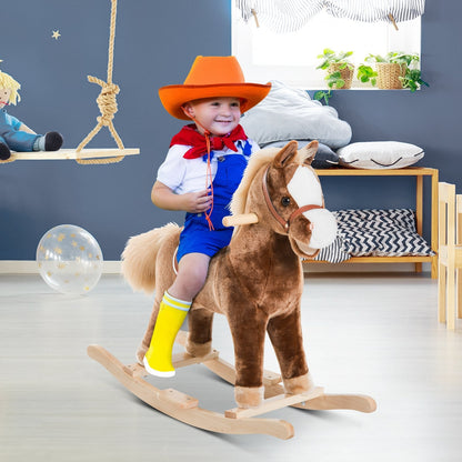 Kids Children Plush Rocking Horse Wooden Base Ride On Toy Rocker with Handle Grip Traditional Toy Fun Gift for Age 3+ Brown