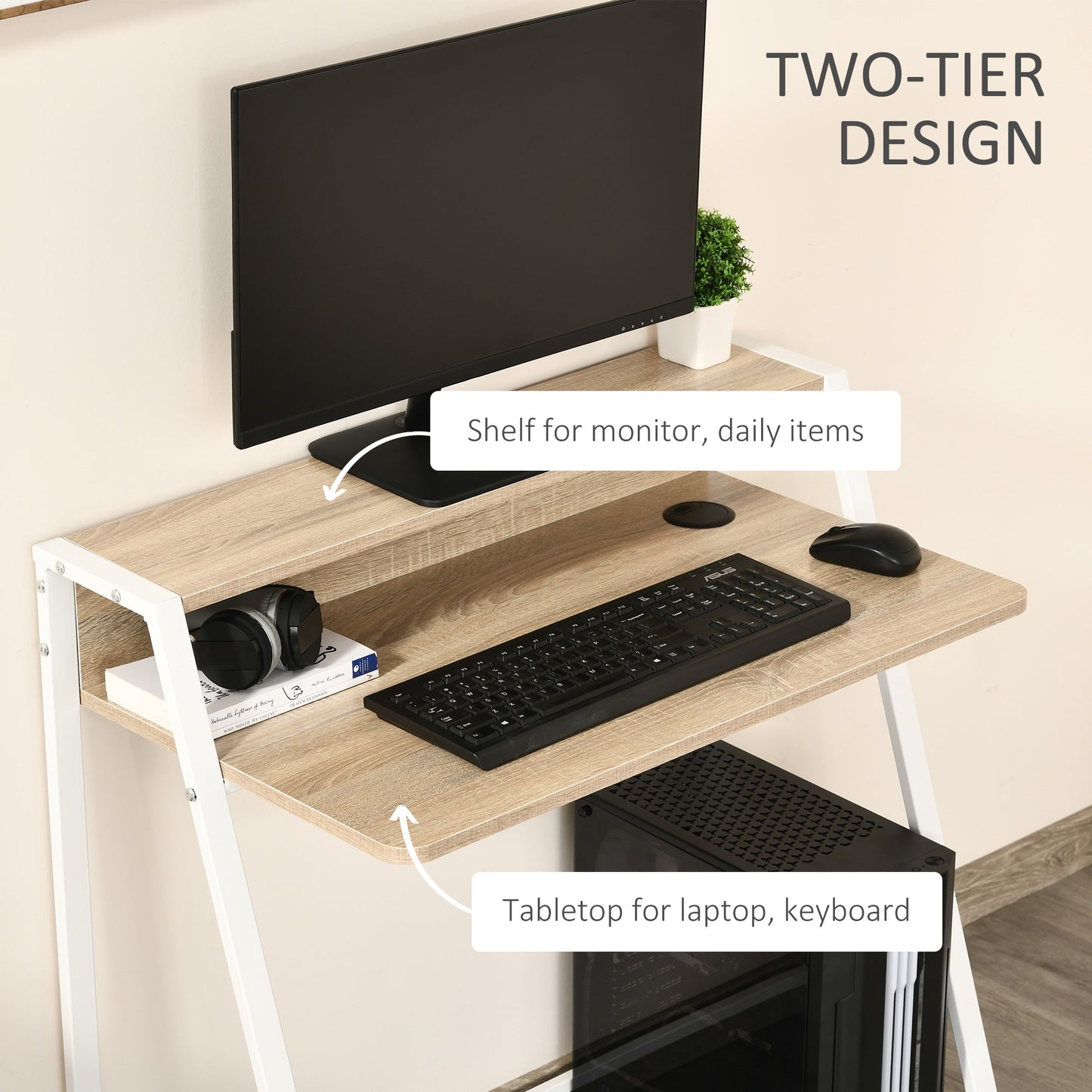 Two-Tier Metal Frame Writing Desk - Oak-Effect