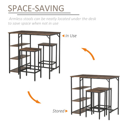 Dining Table Set Industrial Bar Height With 2 Stools & Side Shelf