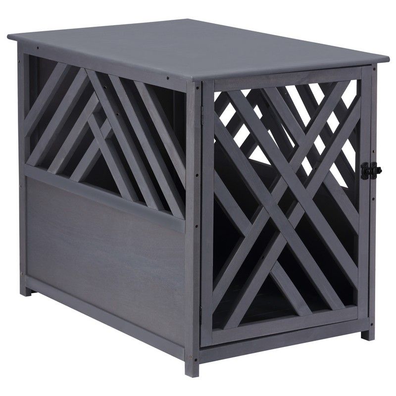 PawHut PawHut Wood Dog Crate Dog Cage Table Kennel Night Stand with Lockable Door for Small Medium Pets Grey 60 x 91 x 74 cm