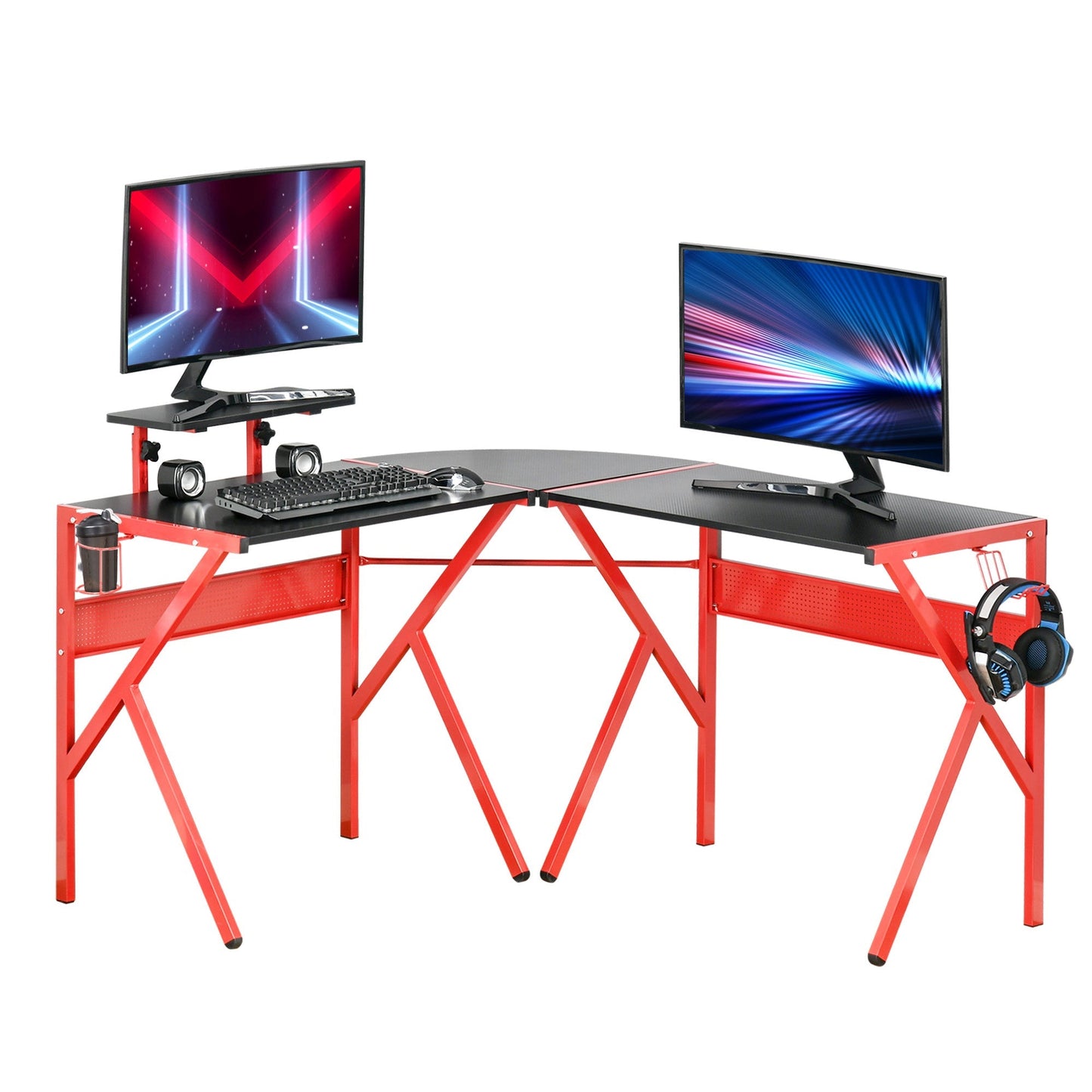 Gaming Desk L-Shaped Corner Computer Table for Home Office PC Workstations with Adjustable Monitor Stand Cup Holder Headphone Hook 125x125x75cm