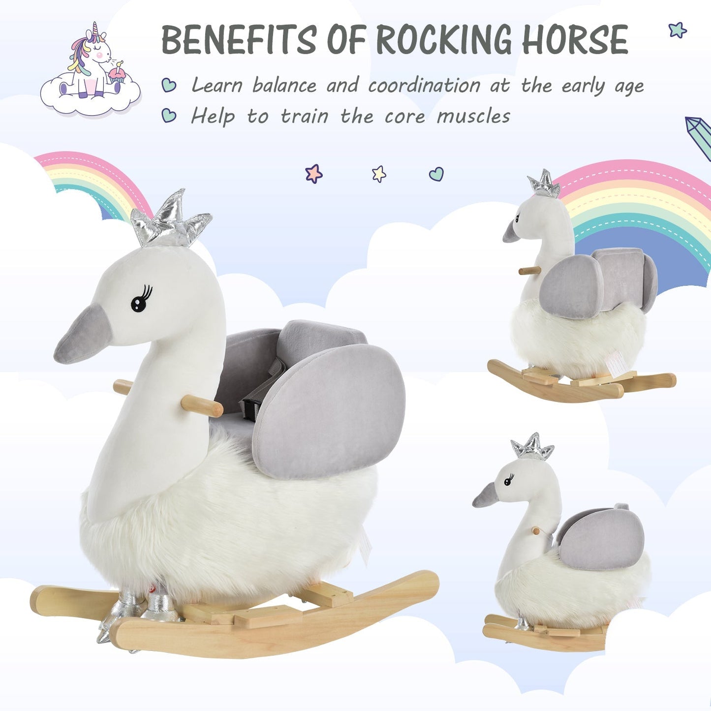 Toddlers Swan Plush Rocking Ride On w/ Sound White/Grey