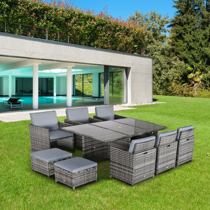 Outdoor 11pc Rattan Garden Furniture Patio Dining Set 10-seater Cube Sofa Weave Wicker 6 Chairs 4 Footrests & 1 Table Mixed Grey