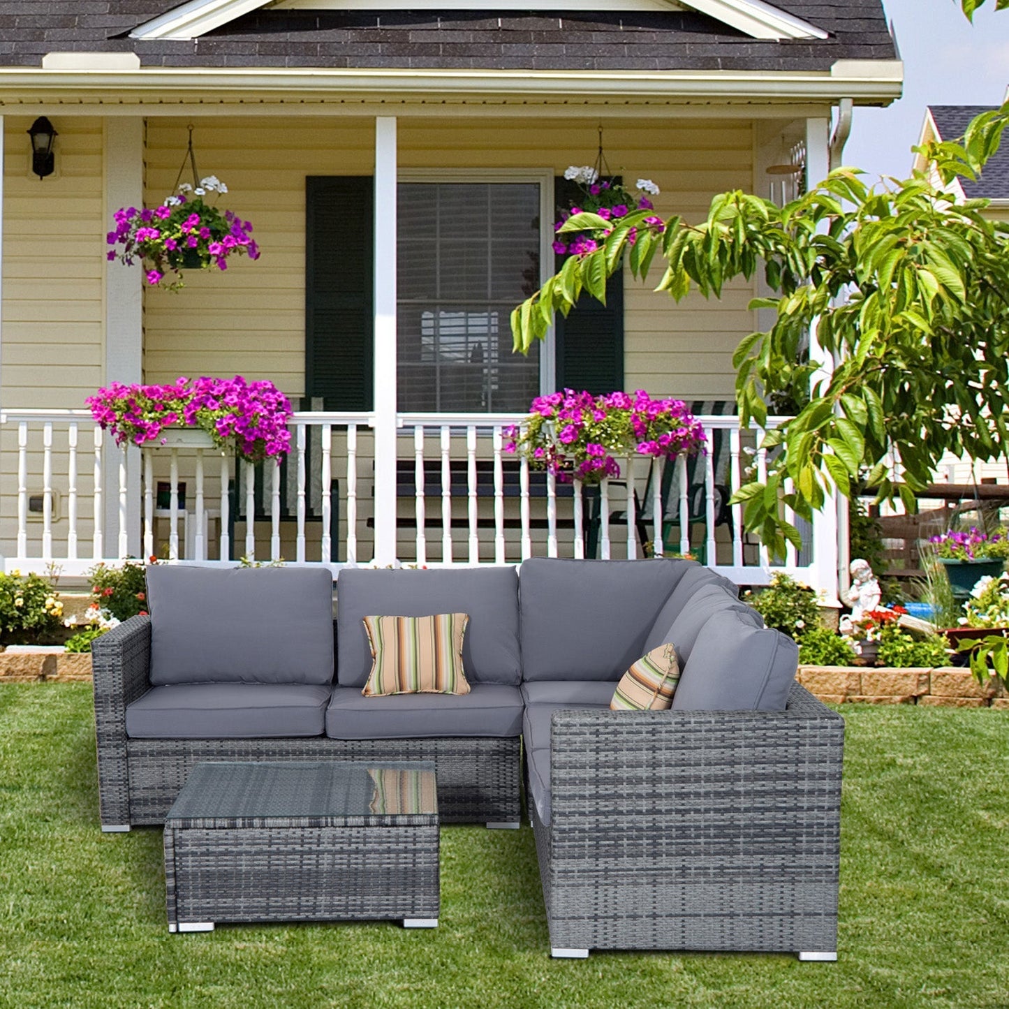 Outsunny 4 Pcs Rattan Garden Furniture Sets Wicker Patio Conservatory Dining Set With Corner Sofa Loveseat Coffee Table Cushions For Balcony Backyard Pool