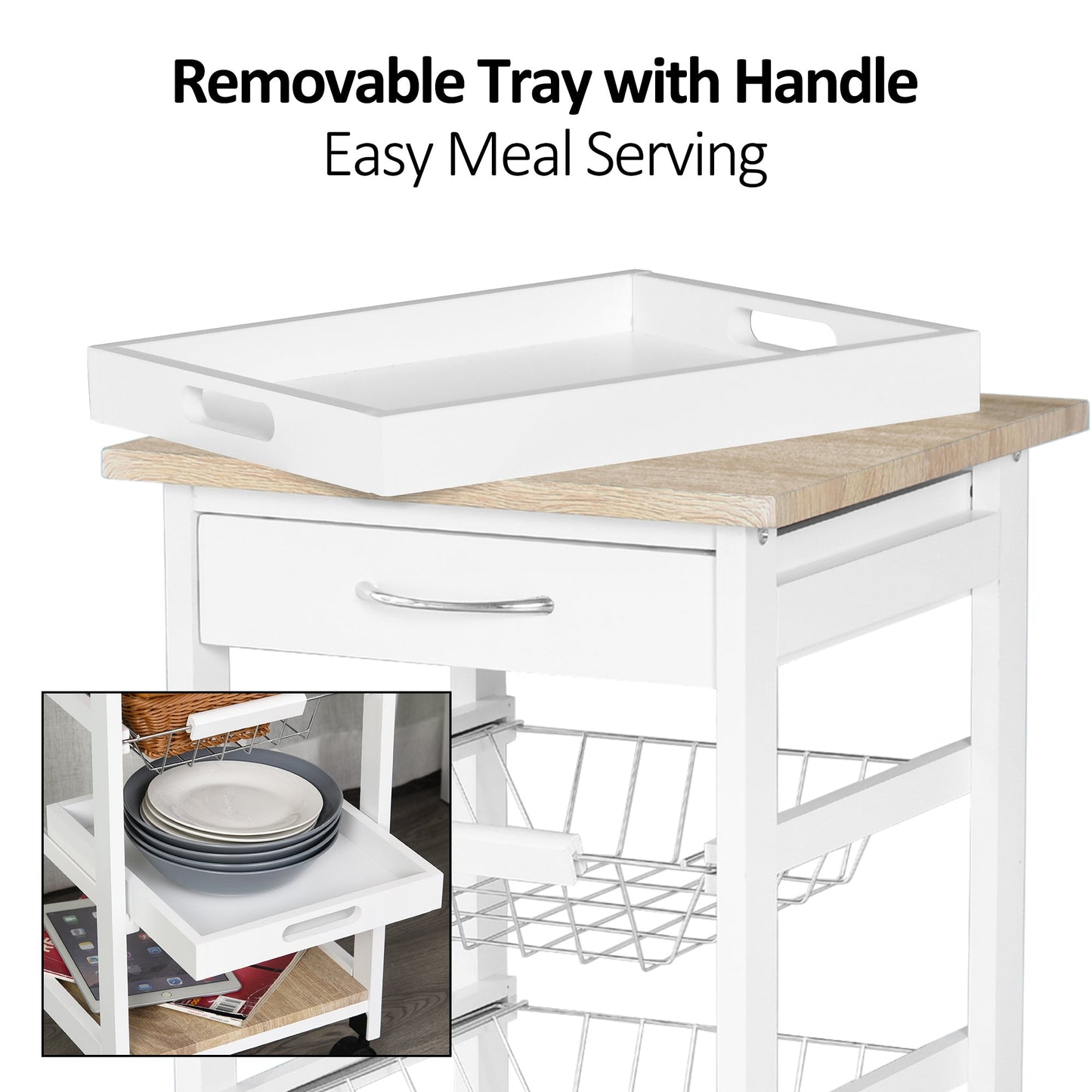 Mobile Rolling Kitchen Island Trolley for Home w/ Metal Baskets Trays Shelves Wheels Compact Stylish Storage White