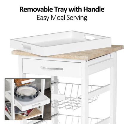 Mobile Rolling Kitchen Island Trolley for Home w/ Metal Baskets Trays Shelves Wheels Compact Stylish Storage White