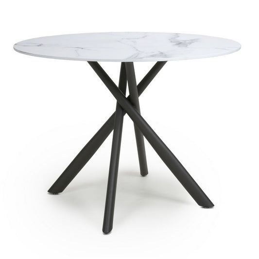 Shankar Contemporary Circular Dining Table Metal & Glass White Marble Effect