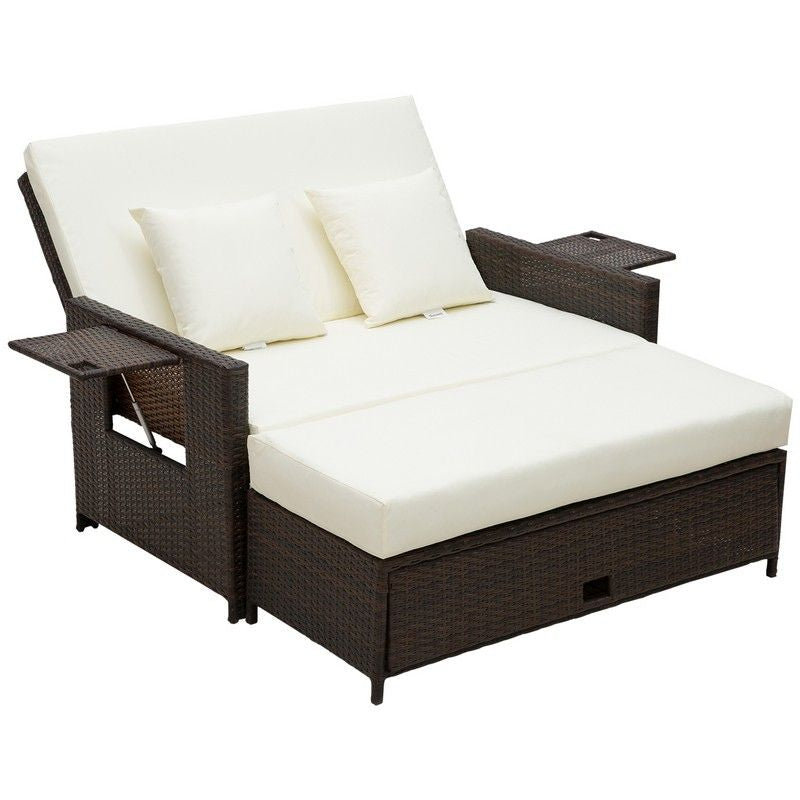 Outsunny Outsunny Rattan Sun Lounger 2 Seater Day Bed-Brown