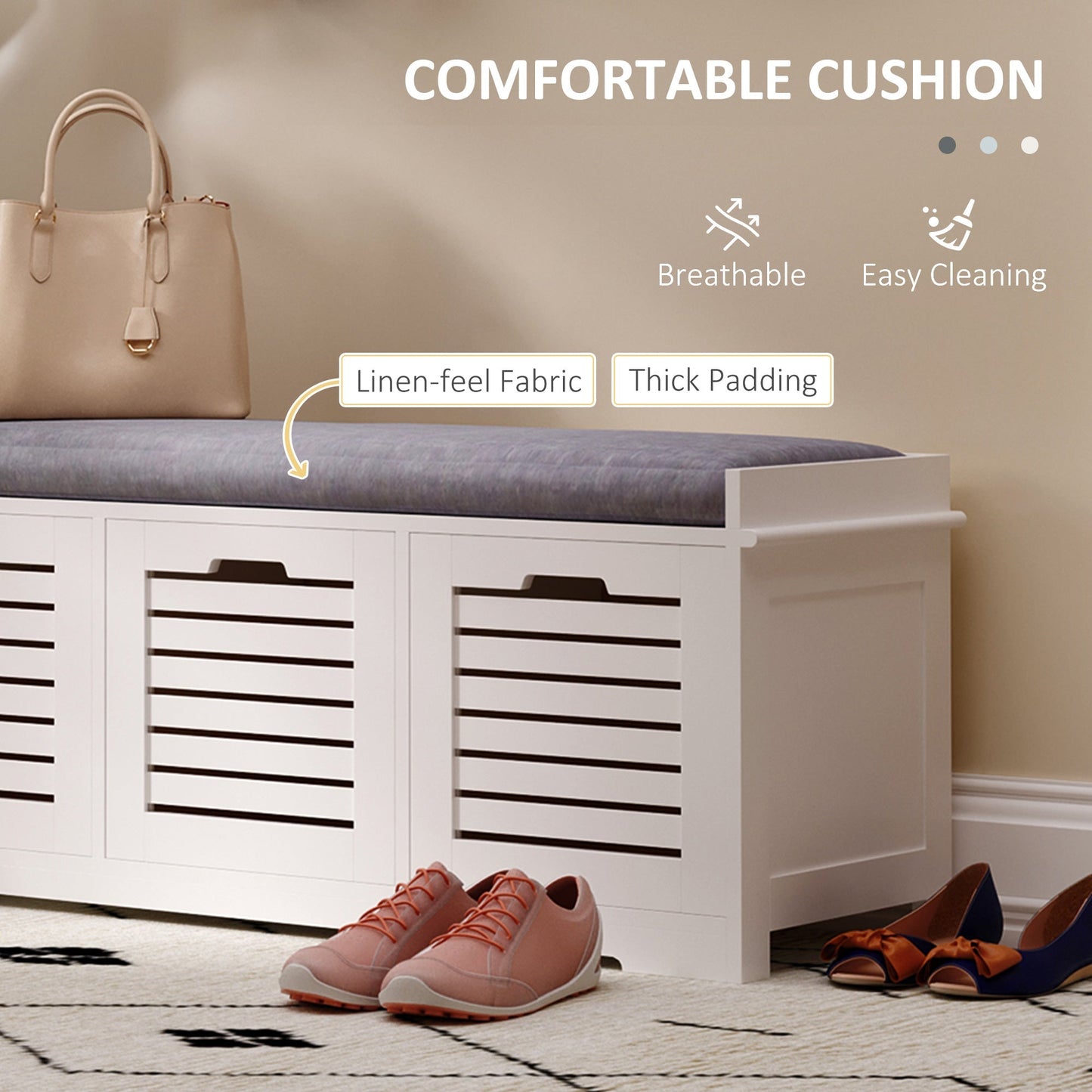 Shoe Storage Bench with 3 Drawers & Removable Grey Seat Cushion Hallway Organisation furniture