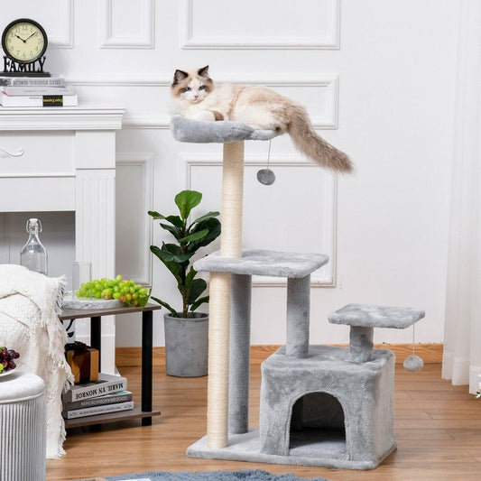 PawHut PawHut Cat Tree Tower for Indoor Cats 114cm Climbing Activity Centre Kitten with Sisal Scratching Post Perch Hanging Ball Condo Toy Light Grey