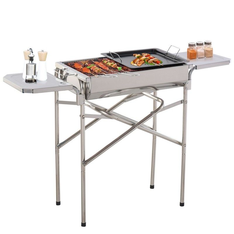 Outsunny Outsunny Outdoor Folding Bbq Rectangular Stainless Steel Foldable Pedestal Charcoal Barbecue Grill - Silver