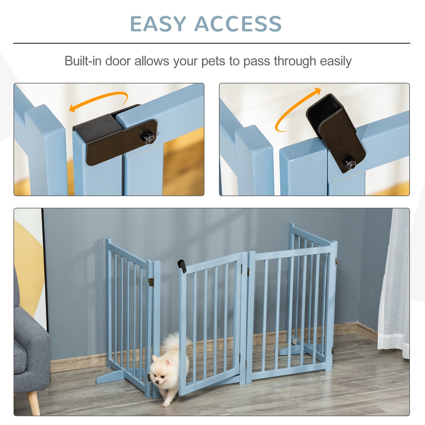 PawHut Pet Gate Wooden Foldable Dog Safety Barrier w/ 4 Panels for Small and Medium Dogs Blue