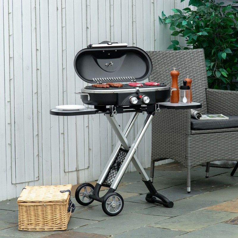 Outsunny Outsunny Foldable Gas BBQ Grill 2 Burner Garden Barbecue Trolley w/ Lid Side Shelves Storage Pocket Piezo Ignition Thermometer