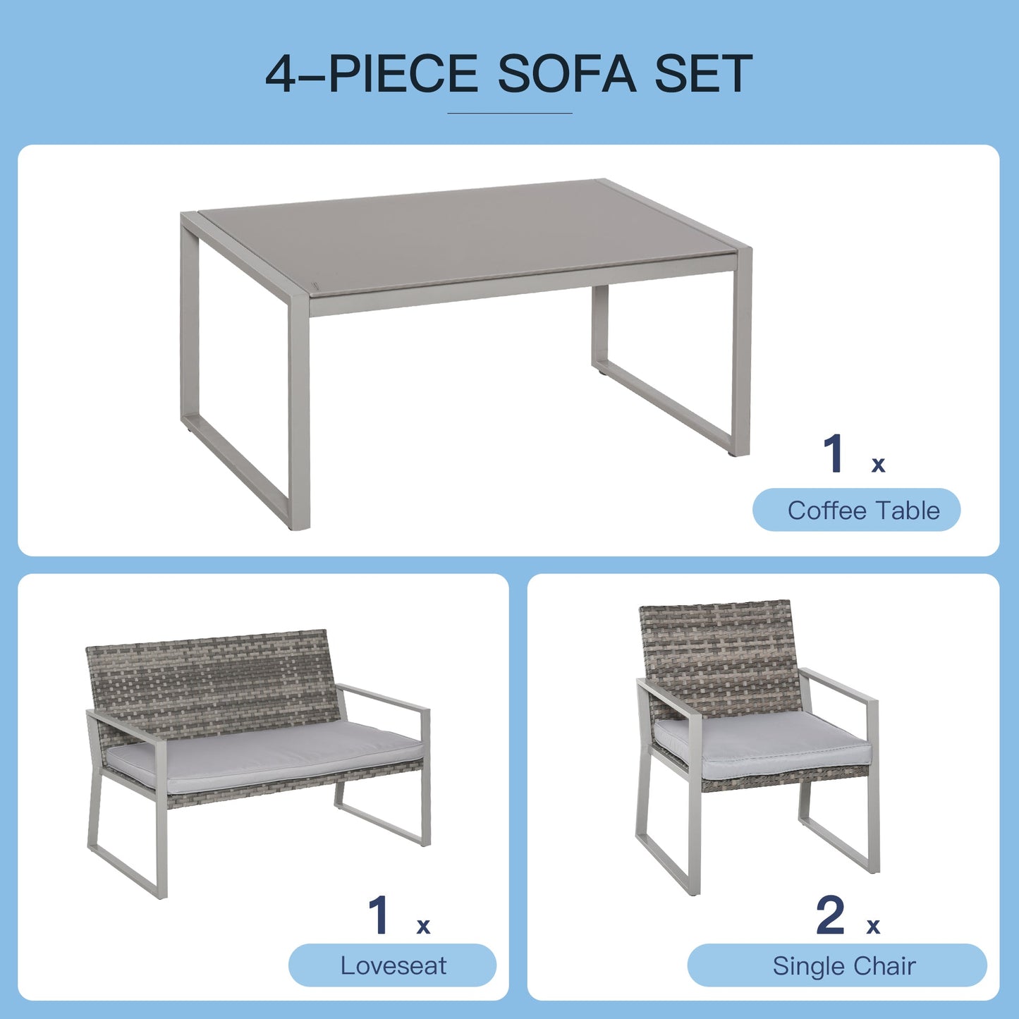 4-Piece Rattan Garden Furniture Set 2 Single Sofa Arm Chairs 1 Bench with Cushions & Coffee Table Patio Backyard Wicker Weave