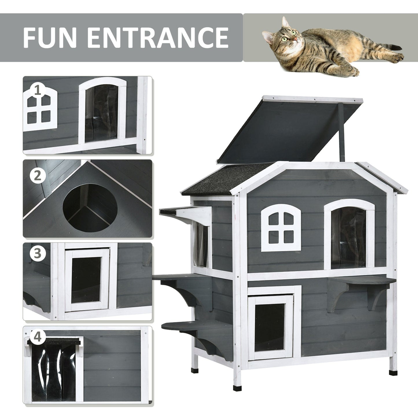 American Dream 91cm Cat House Fir Wood Grey & Black by Pawhut