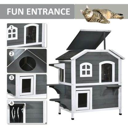 American Dream 91cm Cat House Fir Wood Grey & Black by Pawhut