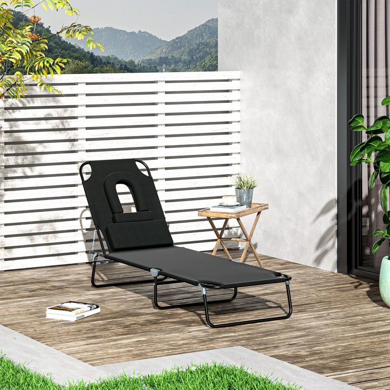 Outsunny Outsunny Sun Lounger Foldable Reclining Chair with Pillow and Reading Hole Garden Beach Outdoor Recliner Adjustable Black