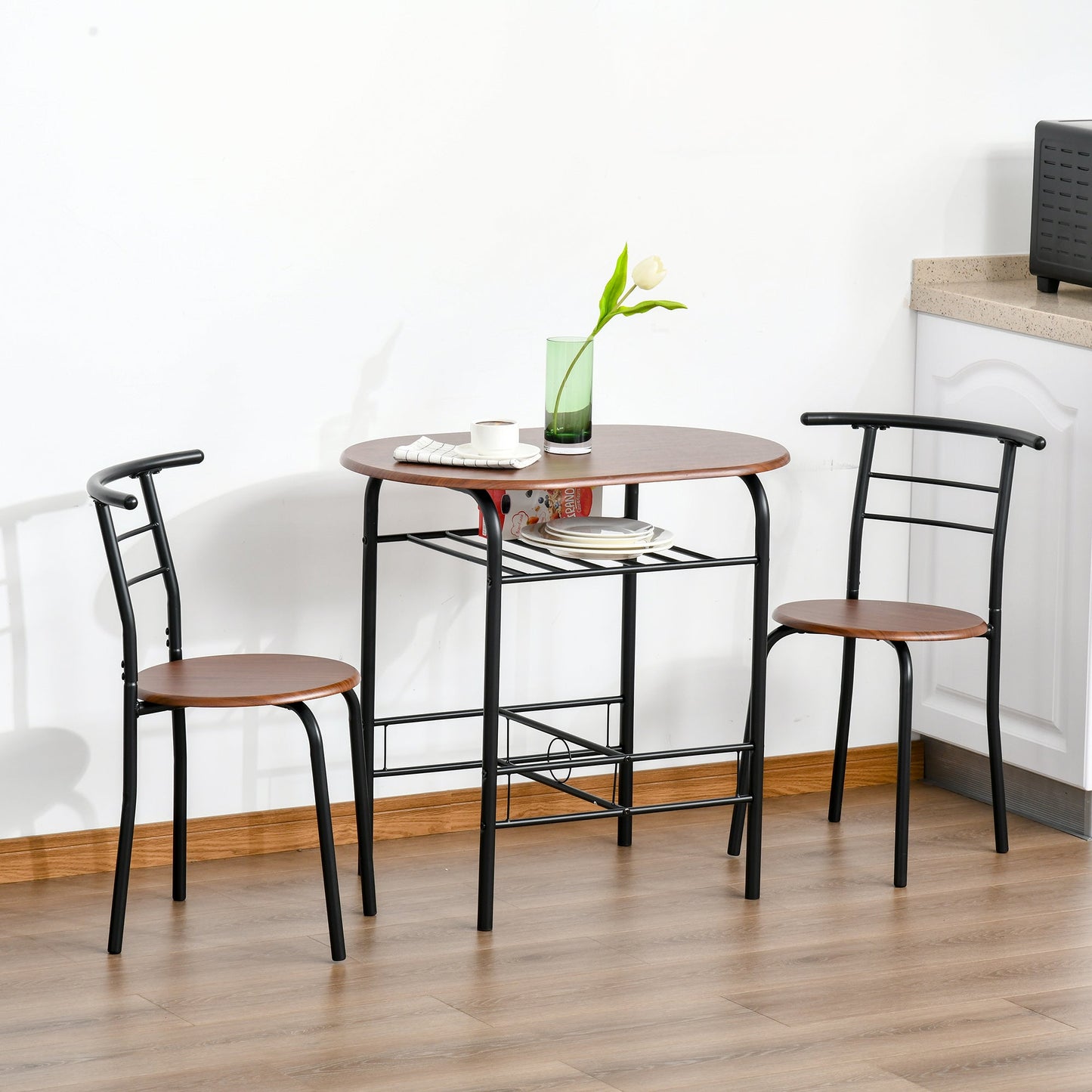 Medium-density fibreboard 2 Seater Bar Stool and Table Set w/ Bottle Storage Shelf Wood Tone