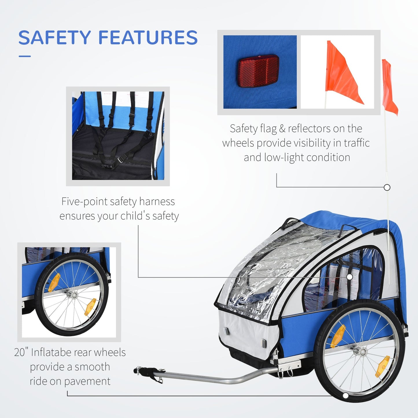 Homcom Trailer for Kids Steel Frame Children's 2-Seater Bicycle Trailer Blue